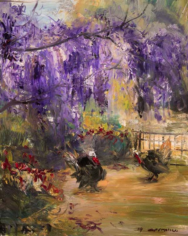 Jardín con wisterias y pavos